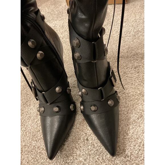 NWOT Frankie Hsu Punk Rivets Helled Stiletto Black Knee Hight Boot, Sz 7 - Picture 6 of 11